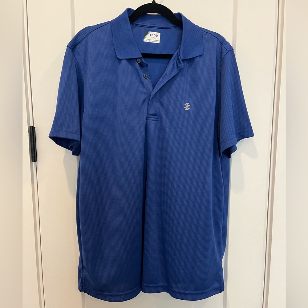 Izod Golf men’s royal blue checkered polyester 3 button polo golf shirt size L